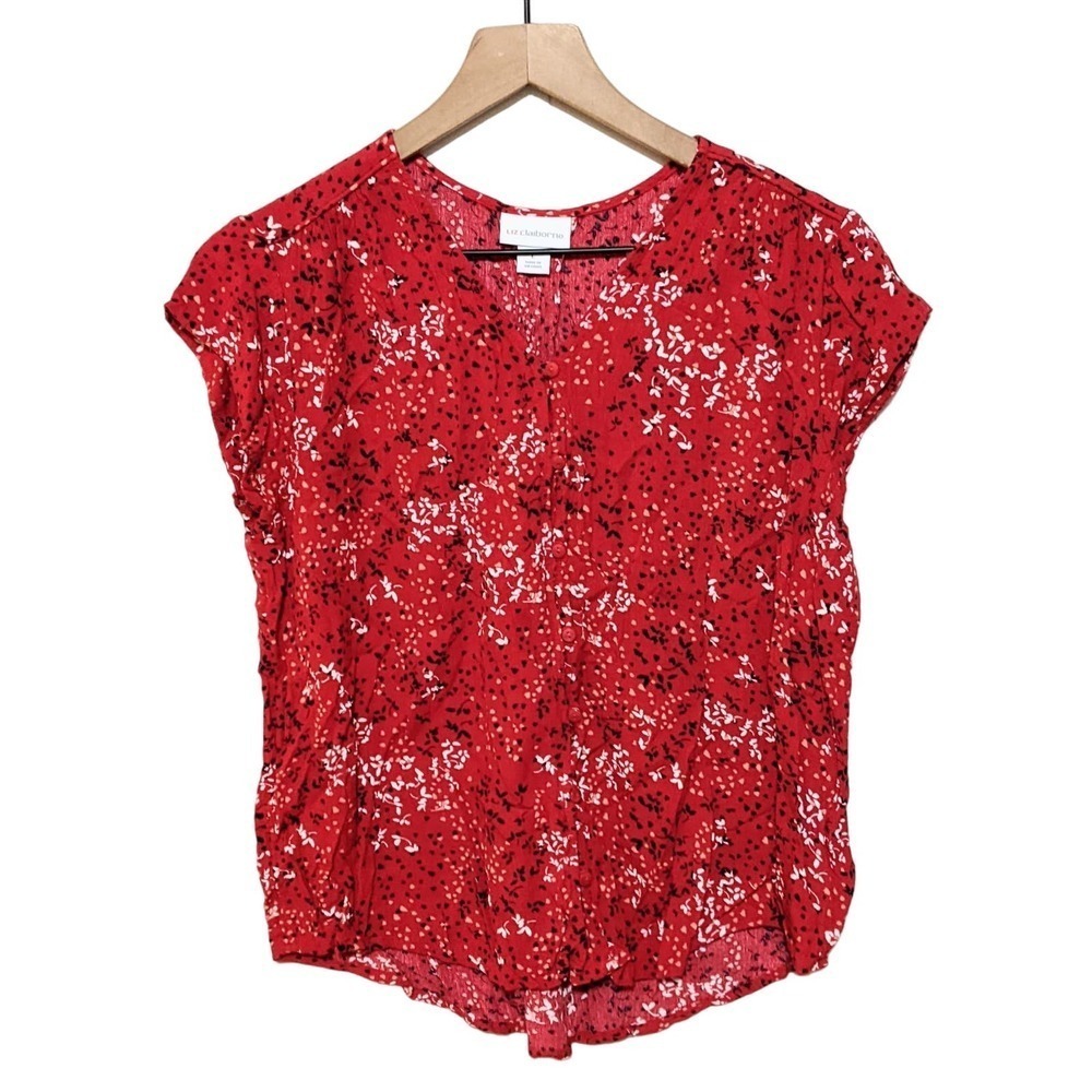 Liz Claiborne Red Floral Print Cap Sleeve Blouse